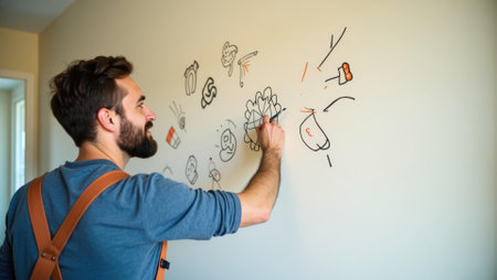 Husband painting humorous doodles on wall before they start final coat , Professional stock photo, AI generated photographの素材