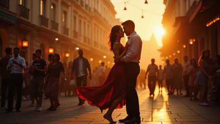 Nostalgic feel of timeless dance in contrast with modern bustling life outside, Professional stock photo, AI generated photographの素材