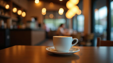 Quiet clinking of ceramic cups underscoring cafe's cozy buzz, Professional stock photo, AI generated photographの素材