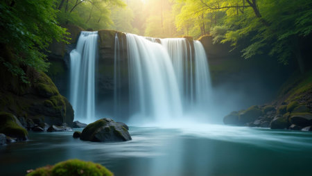 Subtle sound of distant waterfall cascading contributing to tranquility, Professional stock photo, AI generated photographの素材