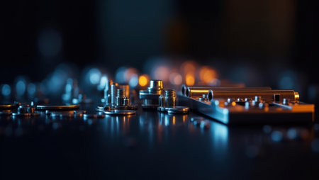 Unique gleam of metallic parts shimmering under carefully placed task lights, Professional stock photo, AI generated photographの素材