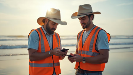 Volunteers documenting their work with photos capturing before and after shots of the beach, Professional stock photo, AI generated photographの素材