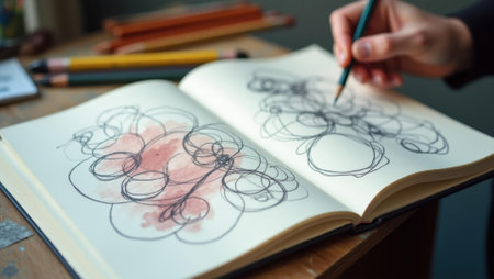 Sketchbook with doodles and outlines of ideas soon to be realized on canvas , Professional stock photo, AI generated photographの素材