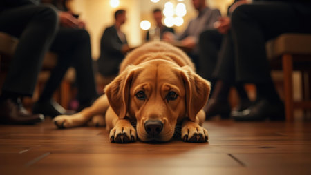 Content dog lounging at feet of guests hoping for tasty leftovers, Professional stock photo, AI generated photographの素材