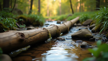 Fallen log bridging small creek offering them makeshift path on their adventure, Professional stock photo, AI generated photographの素材