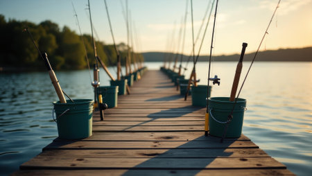Wooden pier extending out into lake with bait buckets and rods lined up neatly, Professional stock photo, AI generated photographの素材
