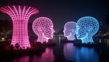 Faces aglow capturing futuristic landscapes of gardens by bay in Singapore , Professional stock photo, AI generated photographの素材
