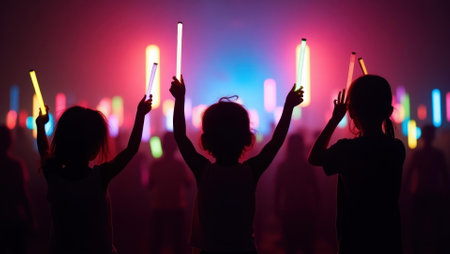 Children waving glow sticks in rhythm with vibrant display above, Professional stock photo, AI generated photographの素材