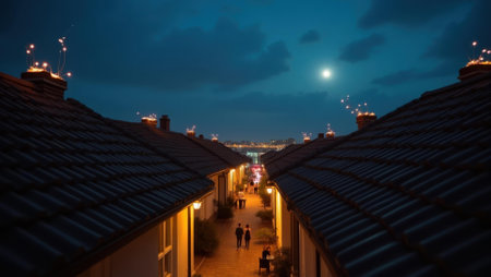 Neighboring rooftops alight with camerflashes capturing shared moments of joy, Professional stock photo, AI generated photographの素材