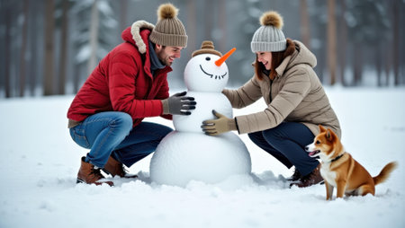 Family members building snowmwhile dog excitedly circles their creation , Professional stock photo, AI generated photographの素材