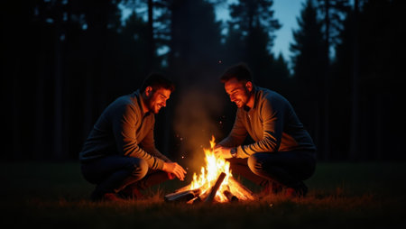 Couple lighting small campfire as dusk settles its warmth offering comfort, Professional stock photo, AI generated photographの素材