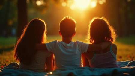 Gentle breeze rustling leaves as friends stay captivated by movie, Professional stock photo, AI generated photographの素材