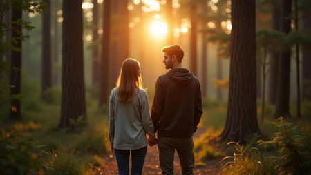 Couple reflecting on day's adventure feeling deep connection with forest, Professional stock photo, AI generated photographの素材