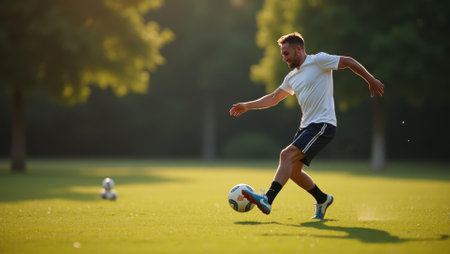 Father deftly returning loose balls with swift well-practised kicks, Professional stock photo, AI generated photographの素材