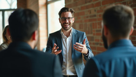 Team leader explaining strategy using dynamic gestures capturing attention and interest , Professional stock photo, AI generated photographの素材
