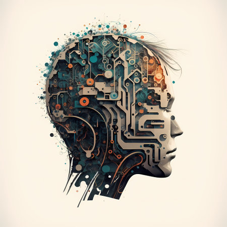 Double exposure of human head with circuit board. Artificial intelligence concept. 3D Renderingの素材
