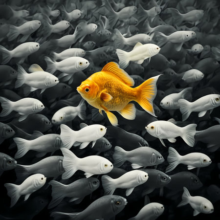 Goldfish in a sea of fishes. 3d rendering, illustration.の素材
