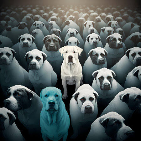 Group of dogs in a row looking at the camera. Conceptual image.の素材