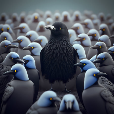 Crow in the crowd, 3d render. Computer digital drawing.の素材