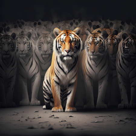 Group of tigers in front of a dark background with copy space.の素材