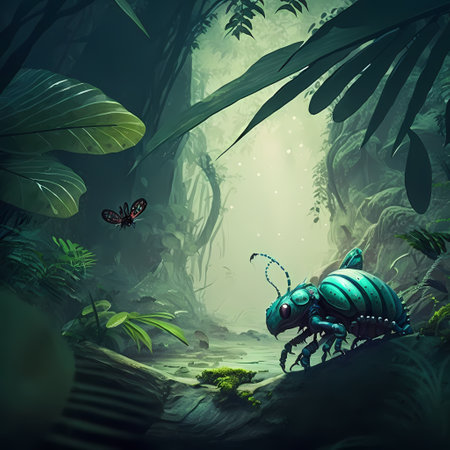 3D rendering of a beetle in a dark jungle with a dragonflyの素材
