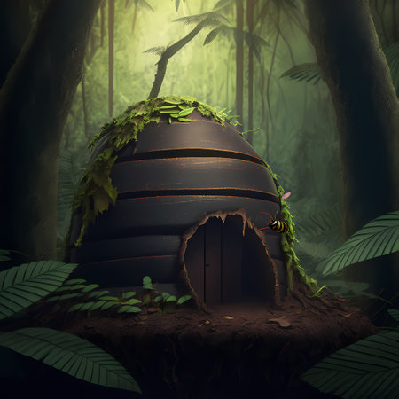 3d render of an old wooden house in the jungle with a hole in the groundの素材