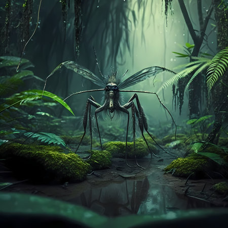 3D rendering of a mosquito in the rainforest with a dark backgroundの素材