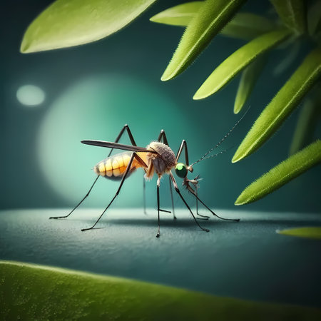 mosquito on green leaf in nature. 3d illustration.の素材