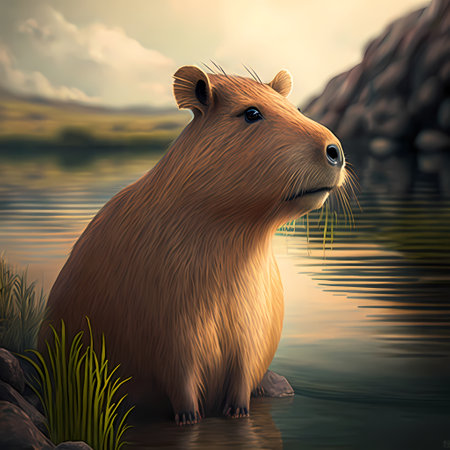 Capybara in the river. 3D render. Illustration.の素材