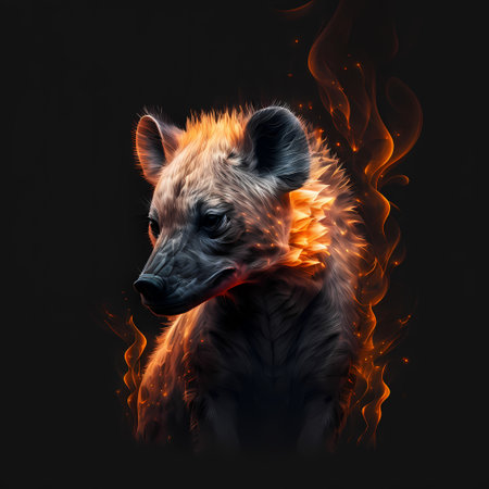 Stunning portrait of a hyena with fire on a black backgroundの素材