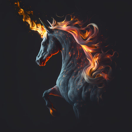 Unicorn in fire on a black background. 3d renderingの素材