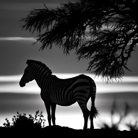 Zebra in the savannah at sunset, black and white illustrationの素材