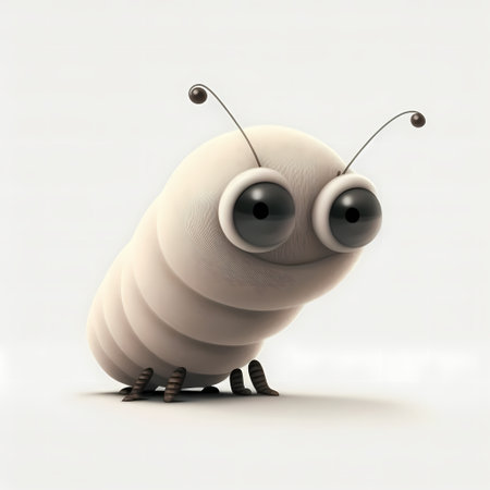 Cute cartoon worm with big eyes on white background. 3d illustrationの素材