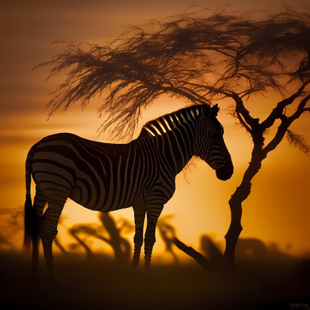 Zebra in savanna at sunset, digital art style illustration.の素材
