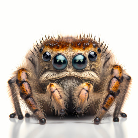 Jumping spider isolated on white background. Animal with big eyes.の素材