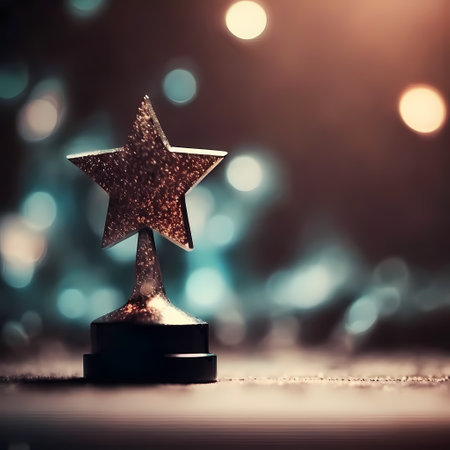 Gold star trophy on bokeh background. Christmas and New Year concept.の素材