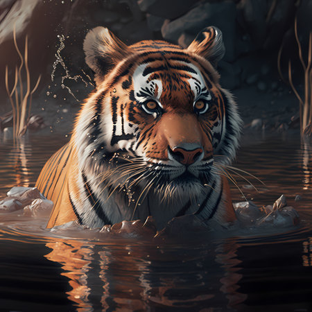 Siberian tiger in the water. 3D illustration. Vintage style.の素材