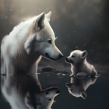 Polar wolf with a puppy in the water. Digital painting.の素材