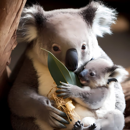 Koala mother with her baby in a tree, animal theme.の素材