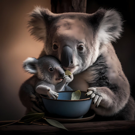 Cute koala with her baby in a bowl of eucalyptusの素材