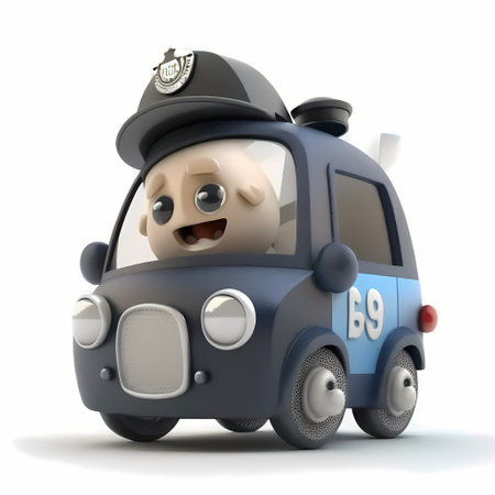 Cartoon character with police hat driving a car isolated on white backgroundの素材