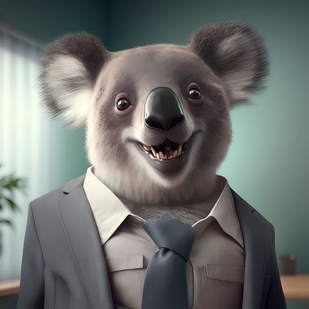 Smiling koala in a business suit and tie, 3d renderの素材