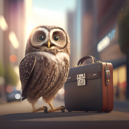 Owl with a briefcase in the city. 3d renderingの素材