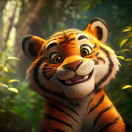 3D Render of a tiger in the jungle with bokeh backgroundの素材