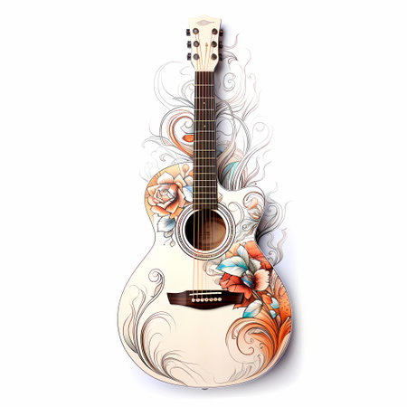 Guitar with floral ornament on white background, vector illustration.の素材