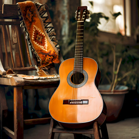 Acoustic guitar in a cafe. Vintage style. Music concept.の素材