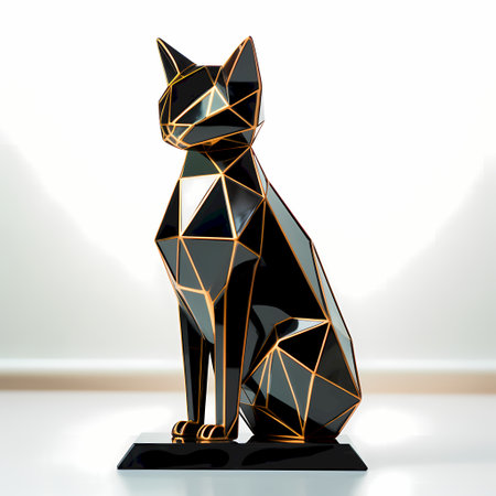 Black cat with golden polygonal pattern. 3d illustration.の素材