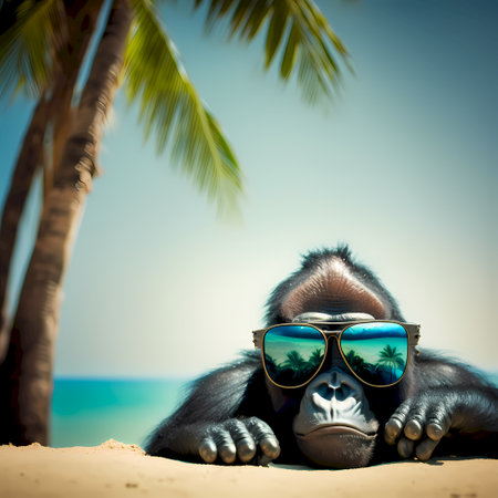 Portrait of a black gorilla with sunglasses on a tropical beach.の素材