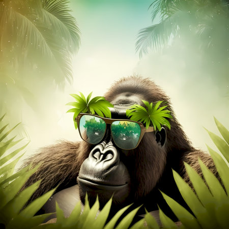 Gorilla with sunglasses and tropical leaves on the background of palm treesの素材