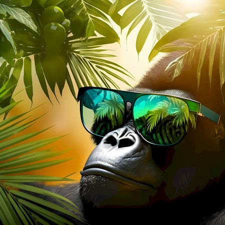 gorilla with sunglasses and palm leaves on a background of the sunの素材